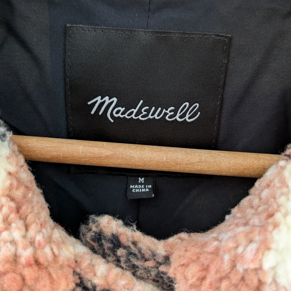 Madewell Hazlewood Faux Fur Plaid Sherpa Jacket In Black/Coral/Ivory - M - Picture 13 of 13